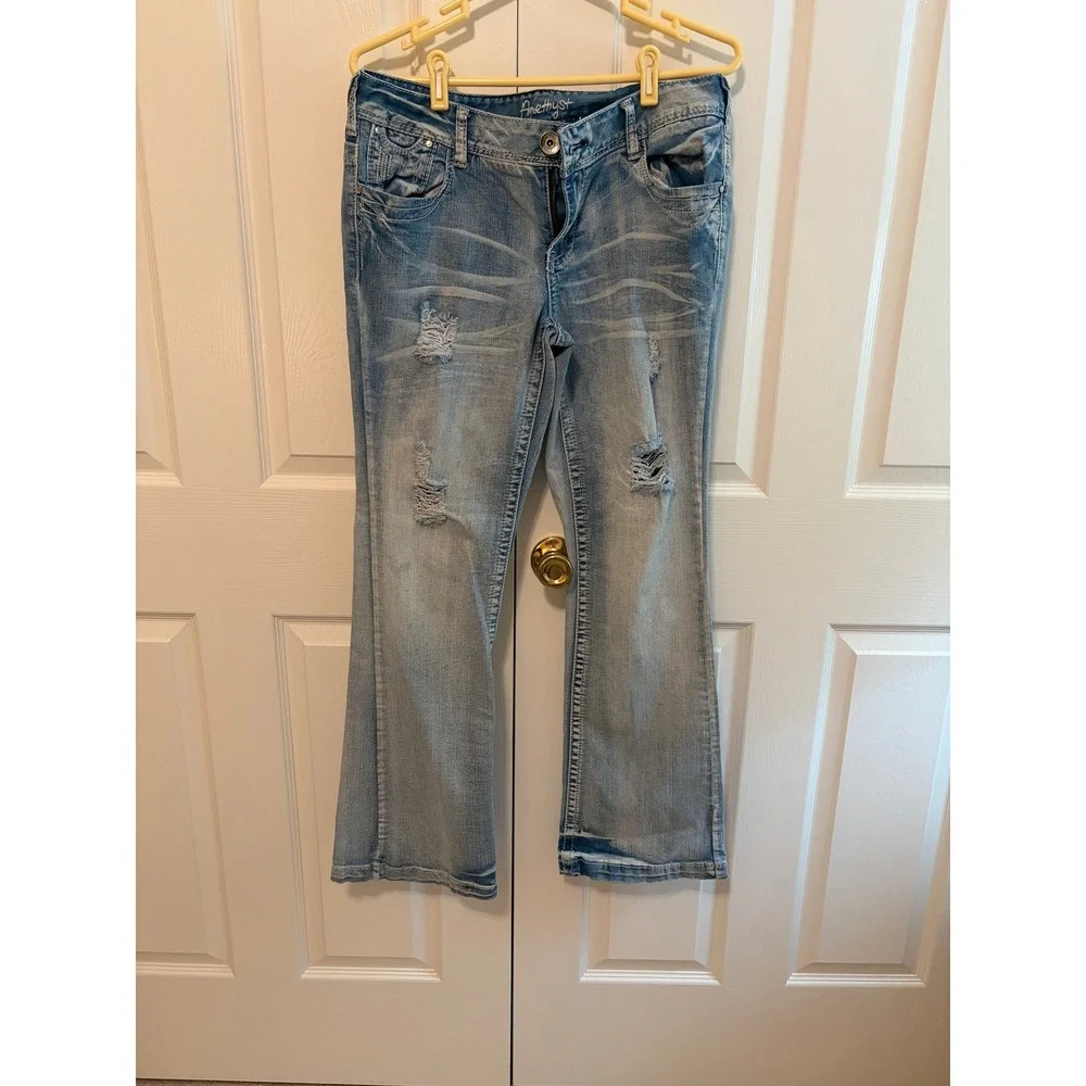 Vintage Amethyst Jeans Blue Distressed Embroidered Bootcut Flare Low Rise Y2K